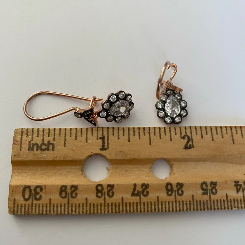 925 Silver drop cz stones halo french wire earrings 14k rose gold plated - Picture 2 of 3